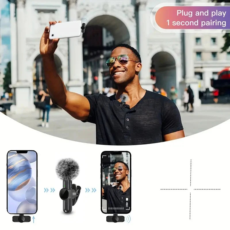 Microphone cravate sans fil avec housse coupe-vent, mini micro d'enregistrement audio et vidéo pour iPhone et Android