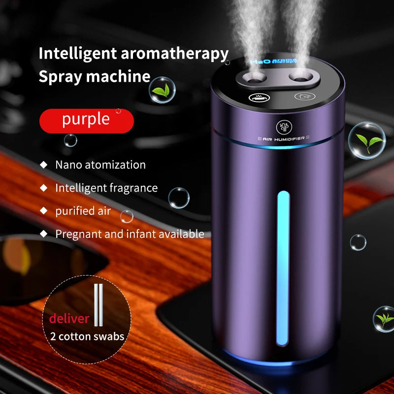 380ML Double Spray Vehicle Air Humidifier USB Charging Mini Essential Oil Diffuser with Mood Light Wireless Car Aroma Humidifier